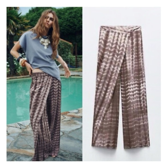 Zara Brown Patterned Wide-Leg Pants NWT size M - Picture 4 of 14